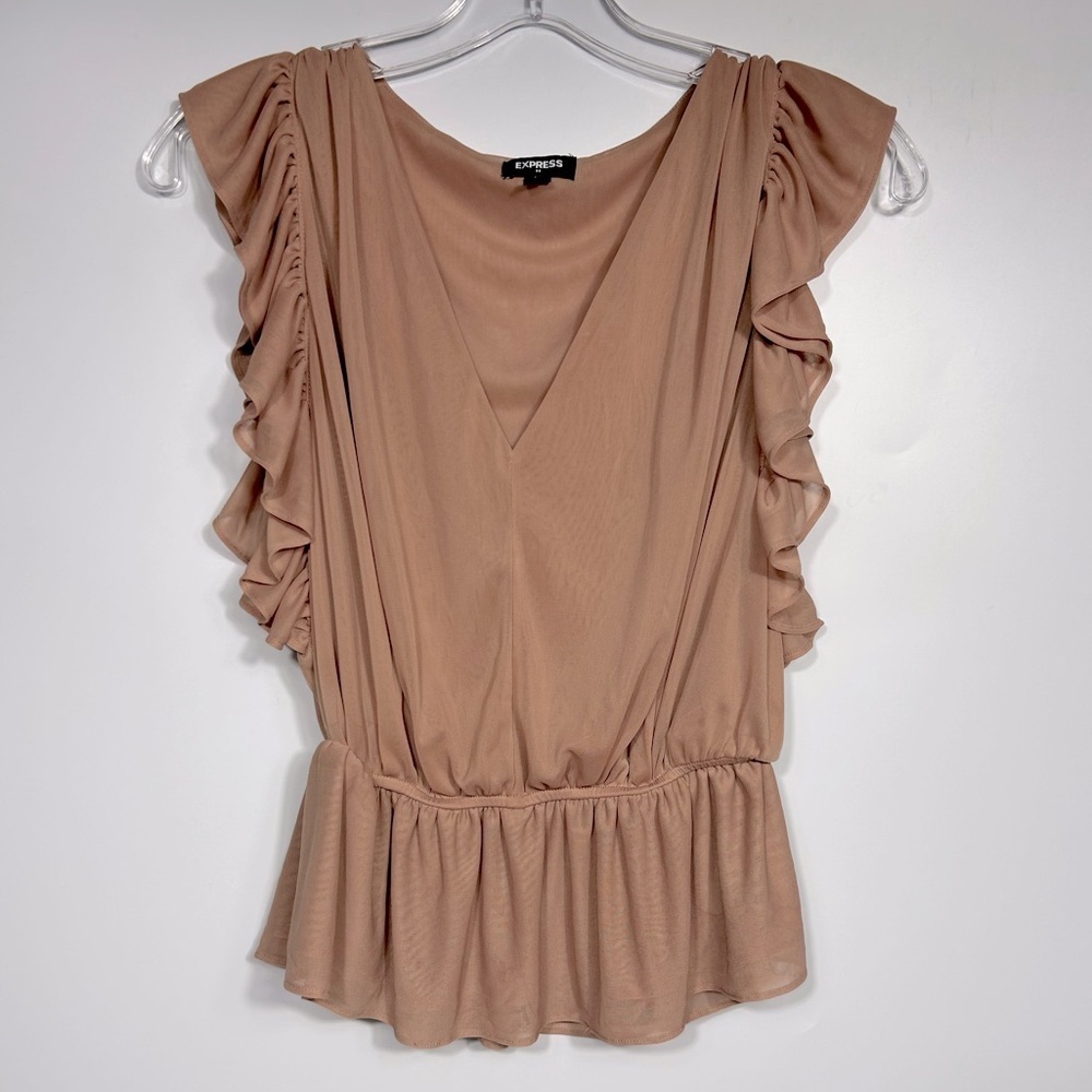 Express Factory Sheer Blouse Size S Nude Mesh V-Neck Ruffled Tan Fit&Flare